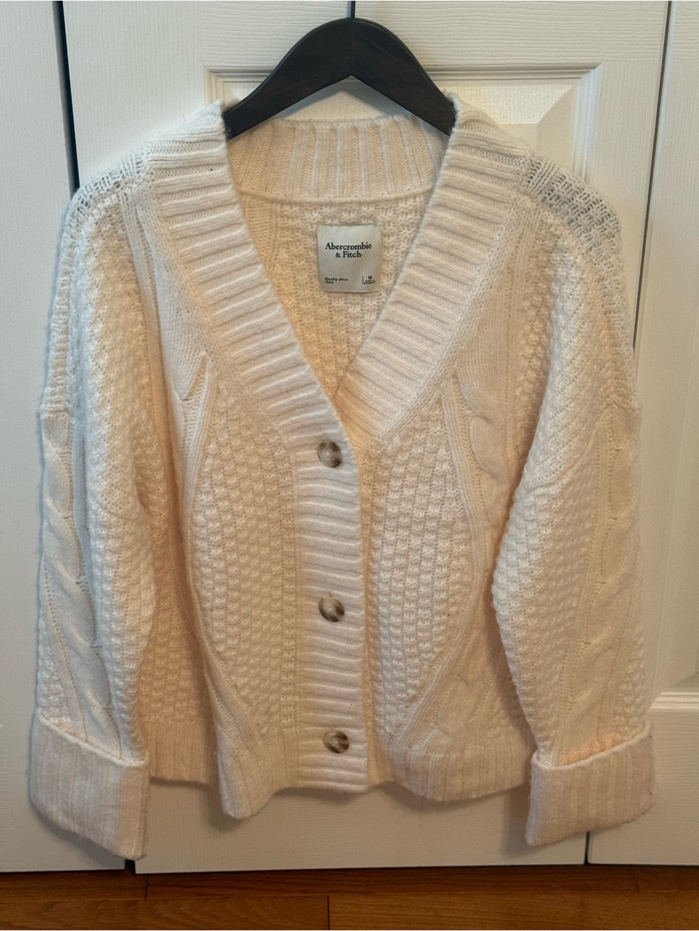 Abercrombie & Fitch Cable Knit Button Up Cardigan in Cream - Picture 2 of 4